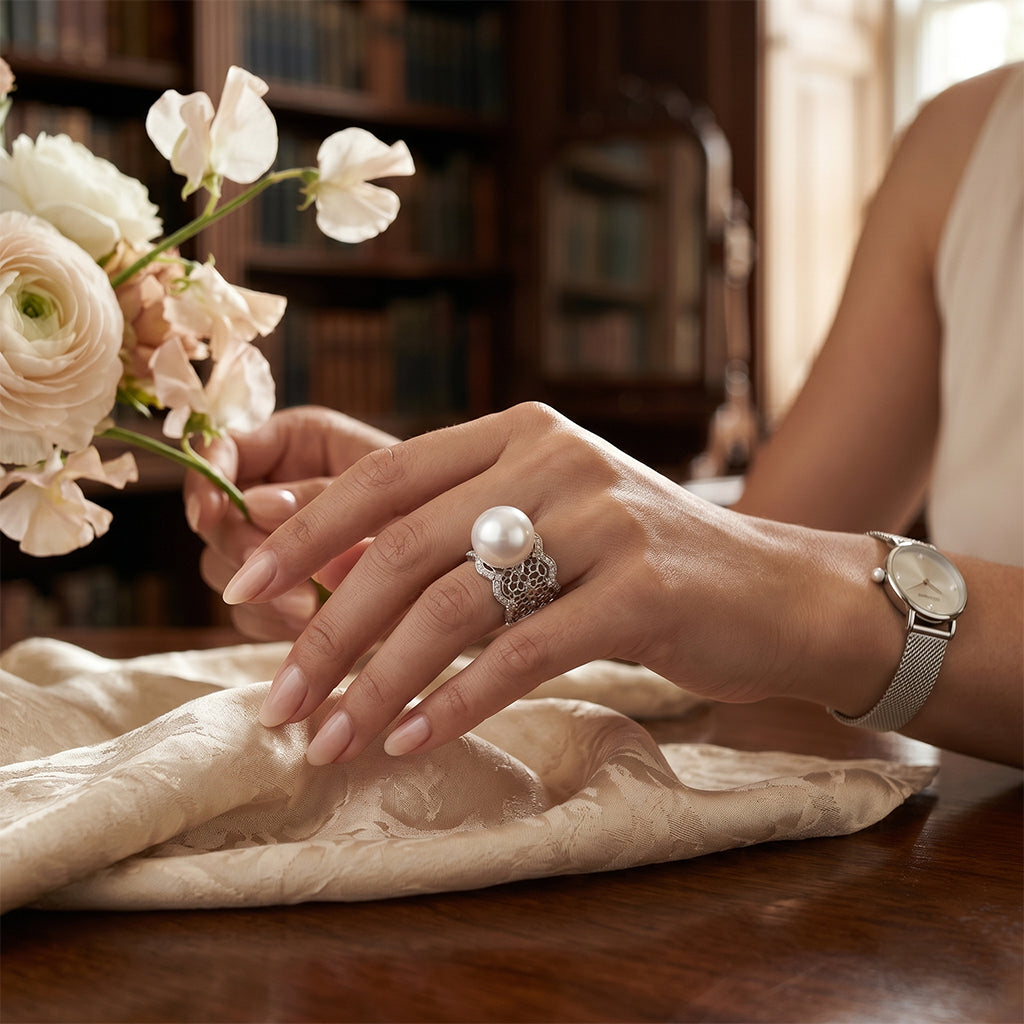 Silver Lace & Lustre Pearl Ring