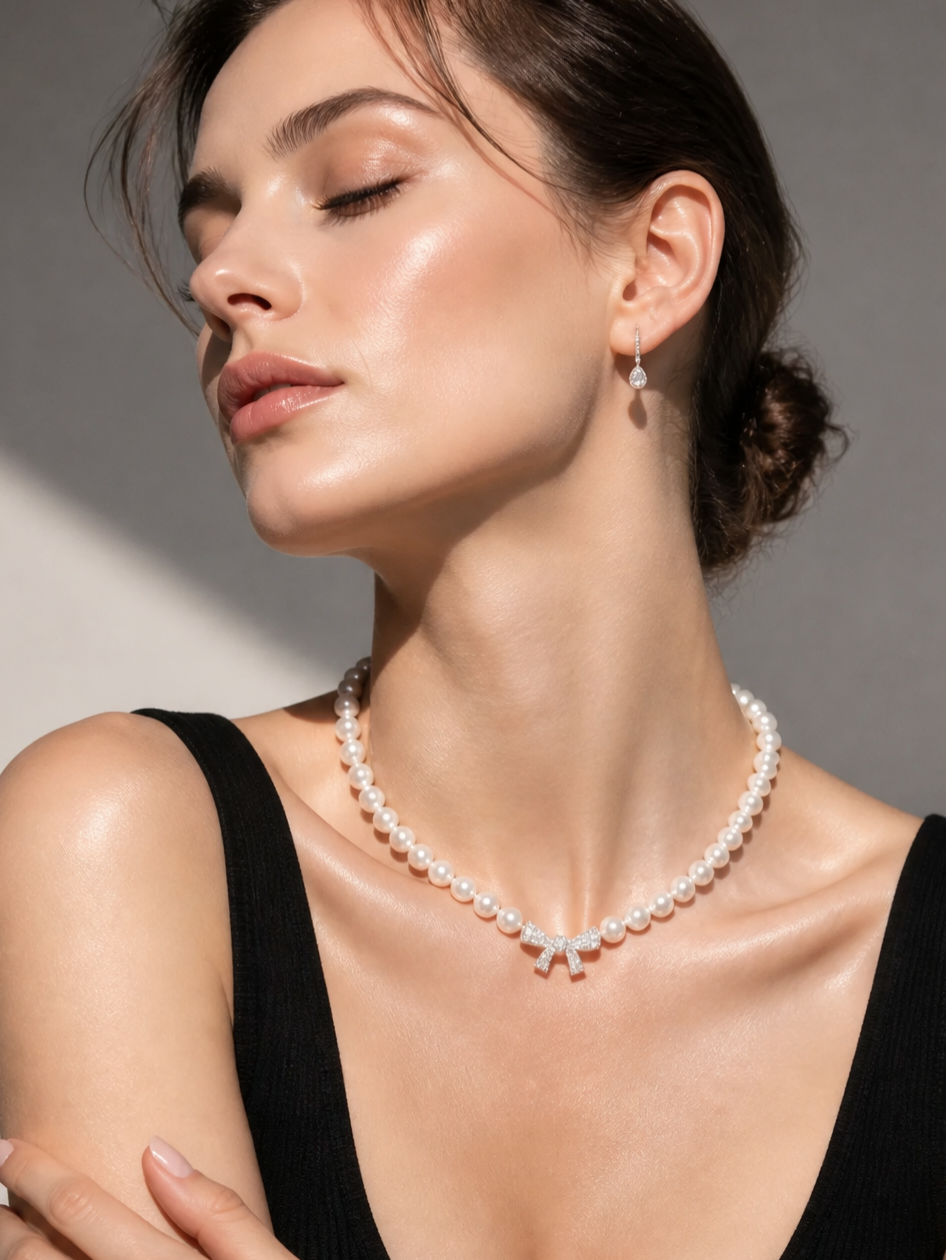 The Coquette Pavé Bow Freshwater Pearl Necklace