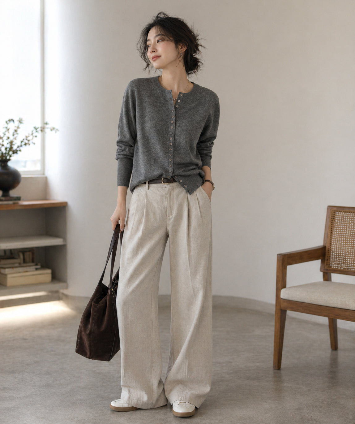 Cashmere Crew Neck Short Cardigan